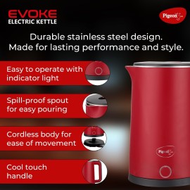 Pigeon Evoke Electric Kettle with Stainless Steel Body, 1.8 litre, used for boiling Water, making tea and coffee, instant noodles, soup etc. (Red)