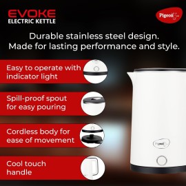 Pigeon Evoke Electric Kettle with Stainless Steel Body, 1.8 litre, used for boiling Water, making tea and coffee, instant noodles, soup etc. (White)
