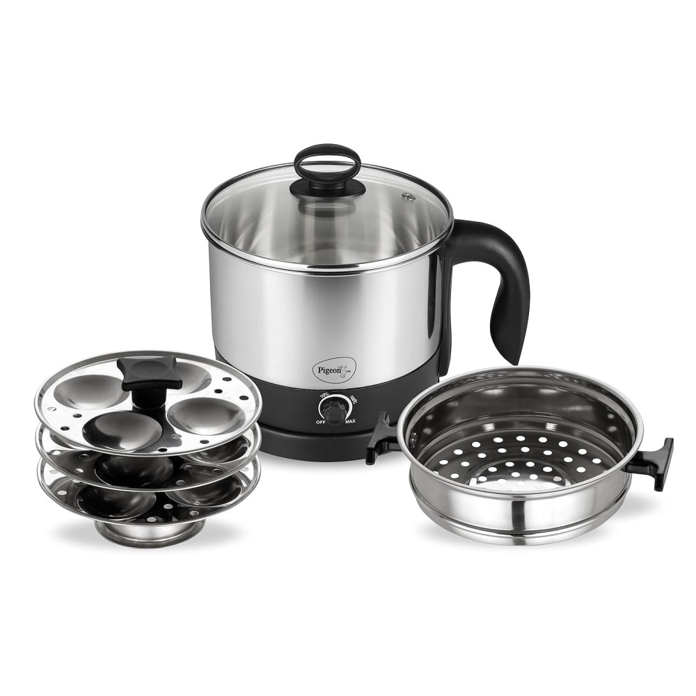Pigeon 1.5 Liters Multipurpose Kessel 3 in 1 Value Pack, Multi Cooker, Idli Stand with 3 Plates, Steamer With Stainless Steel Stand (Black & silver)