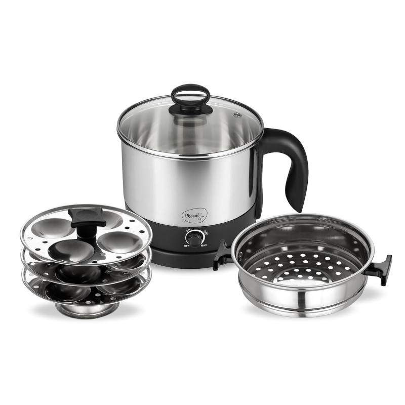 Pigeon 1.5 Liters Multipurpose Kessel 3 in 1 Value Pack, Multi Cooker, Idli Stand with 3 Plates, Steamer With Stainless Steel Stand (Black & silver)