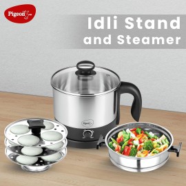 Pigeon 1.5 Liters Multipurpose Kessel 3 in 1 Value Pack, Multi Cooker, Idli Stand with 3 Plates, Steamer With Stainless Steel Stand (Black & silver)