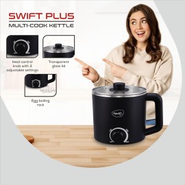 Pigeon Swift Multi-Cook Kettle 1.5L, Egg Rack - Black Double Layered Food Grade Stainless Steel Inner wall Glass Lid Auto Shut-off
