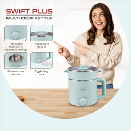 Pigeon Swift Multi-Cook Kettle 1.5L, Egg Rack - Blue Double Layered Food Grade Stainless Steel Inner wall Glass Lid Auto Shut-off