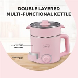 Pigeon Swift Multi-Cook Kettle 1.5L, Egg Rack - Pink Double Layered Food Grade Stainless Steel Inner wall Glass Lid Auto Shut-off