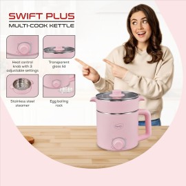 Pigeon Swift Multi-Cook Kettle 1.5L, Egg Rack - Pink Double Layered Food Grade Stainless Steel Inner wall Glass Lid Auto Shut-off