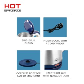 Pigeon Kessel Multipurpose Kettle 1.5 liters with Stainless Steel Body, used for boiling Water and milk, Tea, Coffee, Oats, Noodles, Soup 600 Watt (Blue)