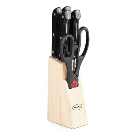 Pigeon Angular Holder Shears Kitchen Knifes 6 Piece Set with Wooden Block (Stainless Steel)