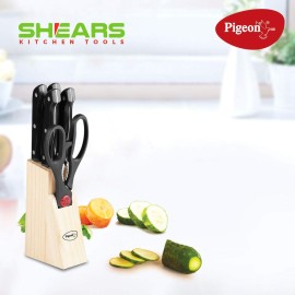 Pigeon Angular Holder Shears Kitchen Knifes 6 Piece Set with Wooden Block (Stainless Steel)