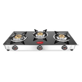 Pigeon Ayush 3 Burner High Powered Brass Gas Stove Cooktop with Glass Top and Stainless Steel Body (Black, Standard)