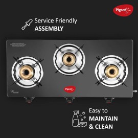 Pigeon Ayush 3 Burner High Powered Brass Gas Stove Cooktop with Glass Top and Stainless Steel Body (Black, Standard)