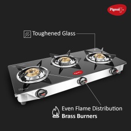 Pigeon Ayush 3 Burner High Powered Brass Gas Stove Cooktop with Glass Top and Stainless Steel Body (Black, Standard)