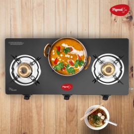 Pigeon Ayush 3 Burner High Powered Brass Gas Stove Cooktop with Glass Top and Stainless Steel Body (Black, Standard)