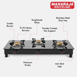 Maharaja Whiteline Belenus Neo Gas Cooktop-3 Burners, with High Thermal Efficient Heavy Brass Burners (Black)