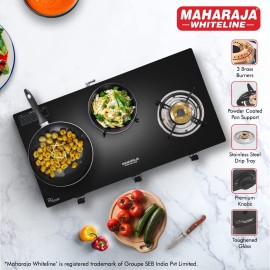 Maharaja Whiteline Belenus Neo Gas Cooktop-3 Burners, with High Thermal Efficient Heavy Brass Burners (Black)