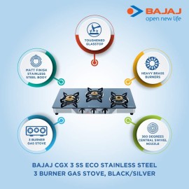 Bajaj CGX3, 3-Burner Open Stainless Steel Glass, ISI Certified, Gas Stove (Black/Silver, Manual Ignition)