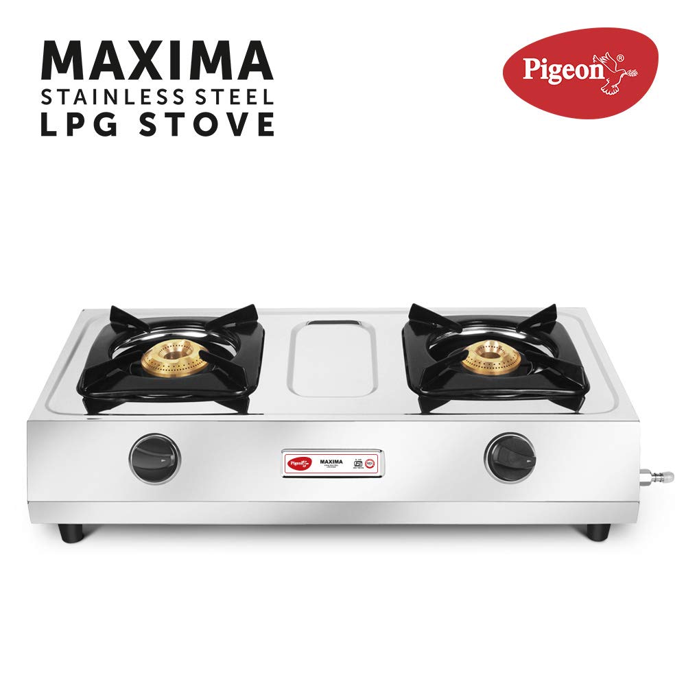 Pigeon Favourite Maxima Stainless Steel 2 Burner Gas Stove, Manual Ignition, standard (Silver)