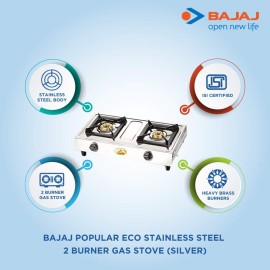Bajaj Popular Eco, 2-Burner Open Stainless Steel, ISI Certified, Gas Stove (Silver, Black)