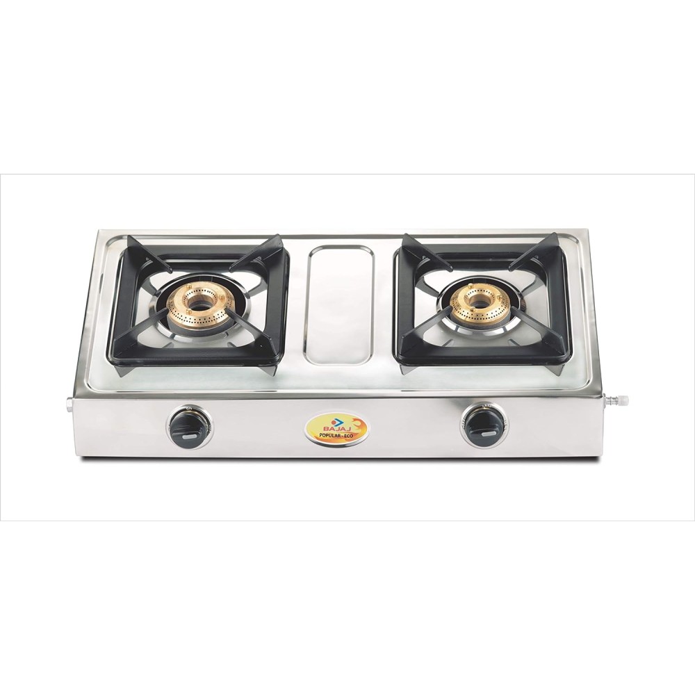 Bajaj Popular Eco, 2-Burner Open Stainless Steel, ISI Certified, Gas Stove (Silver, Black)