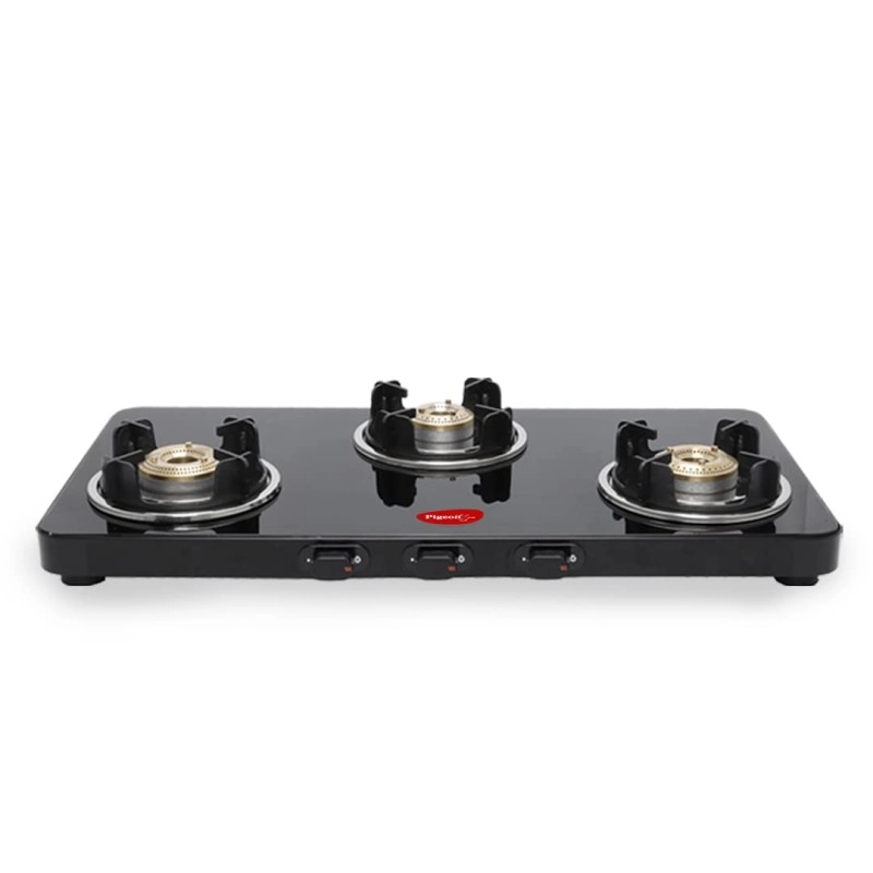 Pigeon Sleek 3 Burner Ultra Slim Gas Stove with Glass Top, Manual, Black