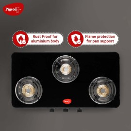 Pigeon Sleek 3 Burner Ultra Slim Gas Stove with Glass Top, Manual, Black