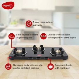 Pigeon Sleek 3 Burner Ultra Slim Gas Stove with Glass Top, Manual, Black