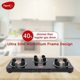 Pigeon Sleek 3 Burner Ultra Slim Gas Stove with Glass Top, Manual, Black