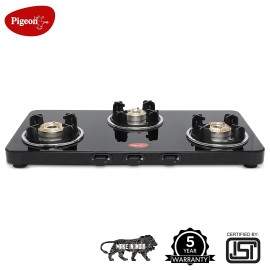 Pigeon Sleek 3 Burner Ultra Slim Gas Stove with Glass Top, Manual, Black