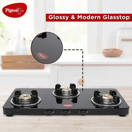 Pigeon Sleek 3 Burner Ultra Slim Gas Stove with Glass Top, Manual, Black