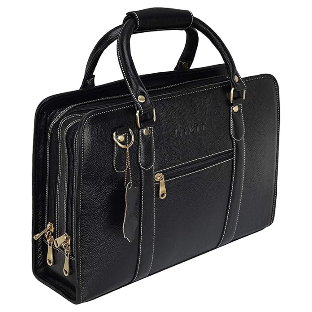 Hyatt Leather Accessories 16 Inch Full Grain Natural Leather Laptop Messenger & Shoulder Bags For Men Laptop Compartment (Black)