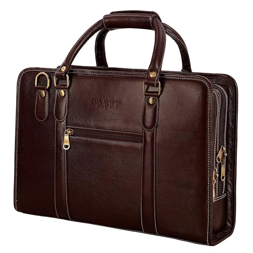 Hyatt Leather Accessories 16 Inch Full Grain Natural Leather Laptop Messenger & Shoulder Bags For Men Laptop Compartment (Brown)