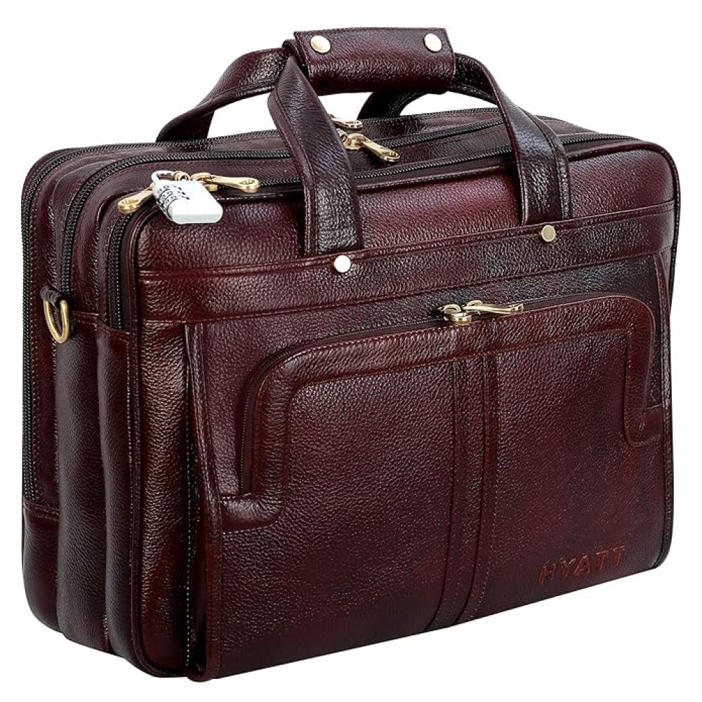 Hyatt Leather Accessories 16 Inch Full Grain Natural Leather Laptop Messenger & Shoulder Bags For Men 24 Litres Capacity Upto16 inch Laptop Compartment (Brown)