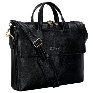 Hyatt Leather Accessories Full Grain Natural Leather Laptop MacBook Air Pro Briefcase Messenger Shoulder Bags For Men And Women Office Use Branded & Stylish (Black)