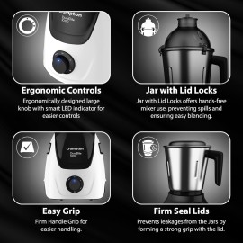 Crompton Duroelite 1000 watts 3 jar Mixer Grinder, 100% copper motor, Ball bearing, Metal jar base, LED speed indicator, Lid lock design, Black & White