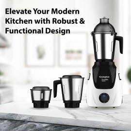 Crompton Duroelite 1000 watts 3 jar Mixer Grinder, 100% copper motor, Ball bearing, Metal jar base, LED speed indicator, Lid lock design, Black & White