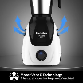 Crompton Duroelite 1000 watts 3 jar Mixer Grinder, 100% copper motor, Ball bearing, Metal jar base, LED speed indicator, Lid lock design, Black & White