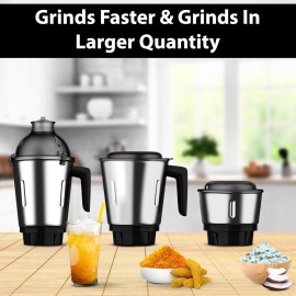 Crompton Duroelite 1000 watts 3 jar Mixer Grinder, 100% copper motor, Ball bearing, Metal jar base, LED speed indicator, Lid lock design, Black & White