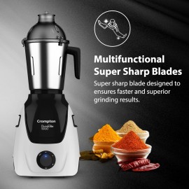 Crompton Duroelite 1000 watts 3 jar Mixer Grinder, 100% copper motor, Ball bearing, Metal jar base, LED speed indicator, Lid lock design, Black & White