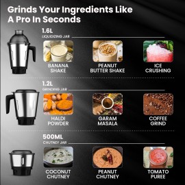 Crompton Duroelite 1000 watts 3 jar Mixer Grinder, 100% copper motor, Ball bearing, Metal jar base, LED speed indicator, Lid lock design, Black & White