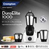 Crompton Duroelite 1000 watts 3 jar Mixer Grinder, 100% copper motor, Ball bearing, Metal jar base, LED speed indicator, Lid lock design, Black & White