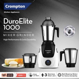 Crompton Duroelite 1000 watts 3 jar Mixer Grinder, 100% copper motor, Ball bearing, Metal jar base, LED speed indicator, Lid lock design, Black & White