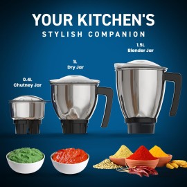 Crompton Ameo PRO 750-Watt 3 Jars Mixer Grinder with MaxiGrind and Motor Vent-X Technology (3 Stainless Steel Jars, Black & Blue)