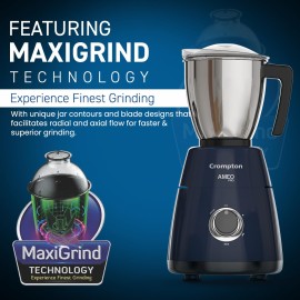 Crompton Ameo PRO 750-Watt 3 Jars Mixer Grinder with MaxiGrind and Motor Vent-X Technology (3 Stainless Steel Jars, Black & Blue)