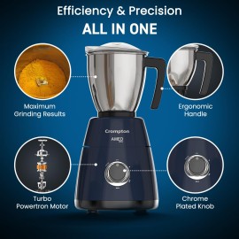 Crompton Ameo PRO 750-Watt 3 Jars Mixer Grinder with MaxiGrind and Motor Vent-X Technology (3 Stainless Steel Jars, Black & Blue)
