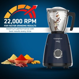 Crompton Ameo PRO 750-Watt 3 Jars Mixer Grinder with MaxiGrind and Motor Vent-X Technology (3 Stainless Steel Jars, Black & Blue)