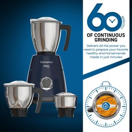 Crompton Ameo PRO 750-Watt 3 Jars Mixer Grinder with MaxiGrind and Motor Vent-X Technology (3 Stainless Steel Jars, Black & Blue)