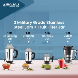 Bajaj Military Series Evoque 4 Jar 1000 Watts Mixer Grinder 3-Speed Control With Pulse Effect Mixie 2 Years Warranty Jet Black, Polypropylene