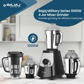 Bajaj Military Series Evoque 4 Jar 1000 Watts Mixer Grinder 3-Speed Control With Pulse Effect Mixie 2 Years Warranty Jet Black, Polypropylene