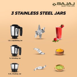 Bajaj Military Series Finesse 750W Mixer Grinder 3 Stainless Steel, Midnight Black