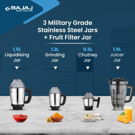 Bajaj Military Series Glamore 4 Jar 1000 Watts Mixer Grinder 3-Speed Control With Pulse Effect Mixie 2 Years Warranty