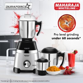 Maharaja Whiteline Duramaxx Mixer Grinder, Majestik Collection, 1000W, 100% Copper Motor, Double ball bearing motor, 3 Jars (Black & Silver)